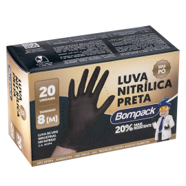 Luva Nitrilica Bompack Preta M pacote com 20 unidades
