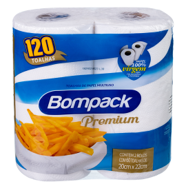 Papel Toalha Multiuso Bompack Premium embalagem com 02 rolos com 60 folhas