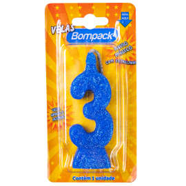 Vela Supernumeros Bompack N3 Azul embalagem com 4 unidades