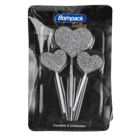 VELA ESPECIAL BOMPACK COM GLITTER CORACAO PRATA